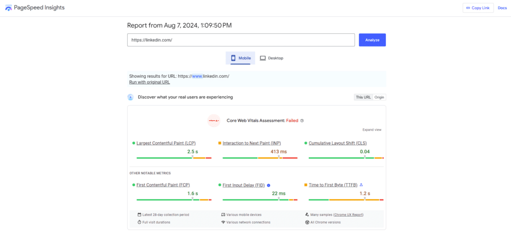 Showing a PageSpeed Insight of LinkedIn. - Istiak Ahamed